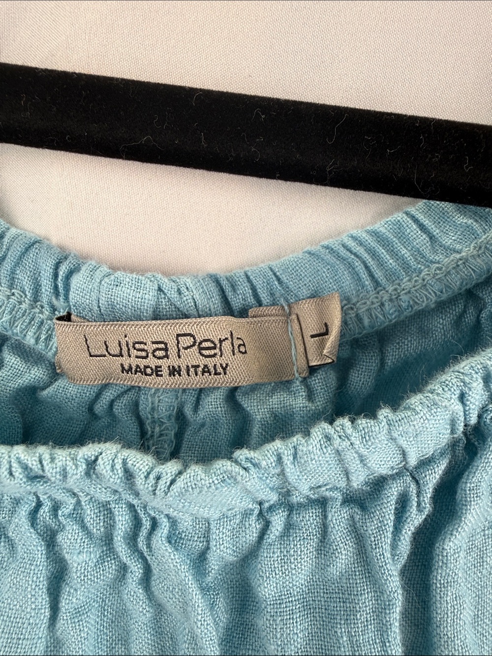 Luisa Perla Women’s Size L Light Blue Lace Trim Linen and Cotton Peasant Dress - Picture 2 of 7